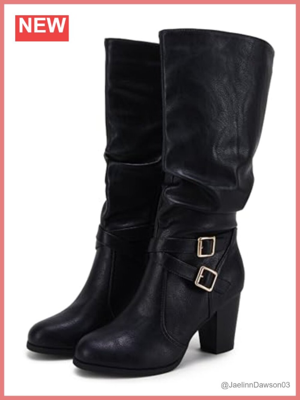 Faux Leather Mid Calf Boots Chunky Heel Side Zip Wide Calf Winter
